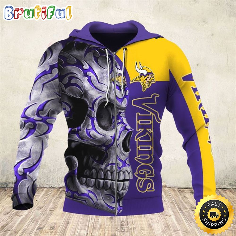 N.F.L.Minnesota Vikings Zippered Hoodies _ Big Vikings Team Tribal Skull 3D Hoodie All Over Print Shirts