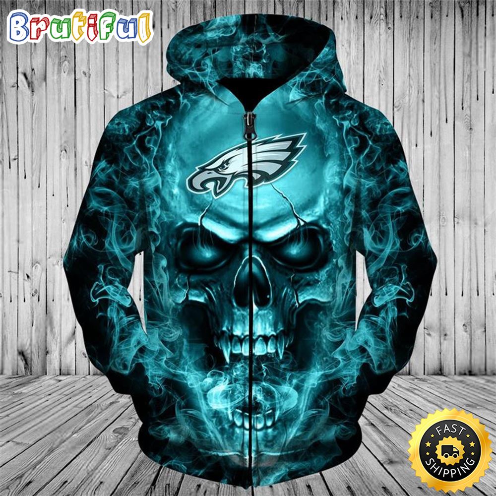 NFL.Philadelphia Eagles _ Neon Eagles Green Smoking Skull 3D Hoodie All Over Print Shirt