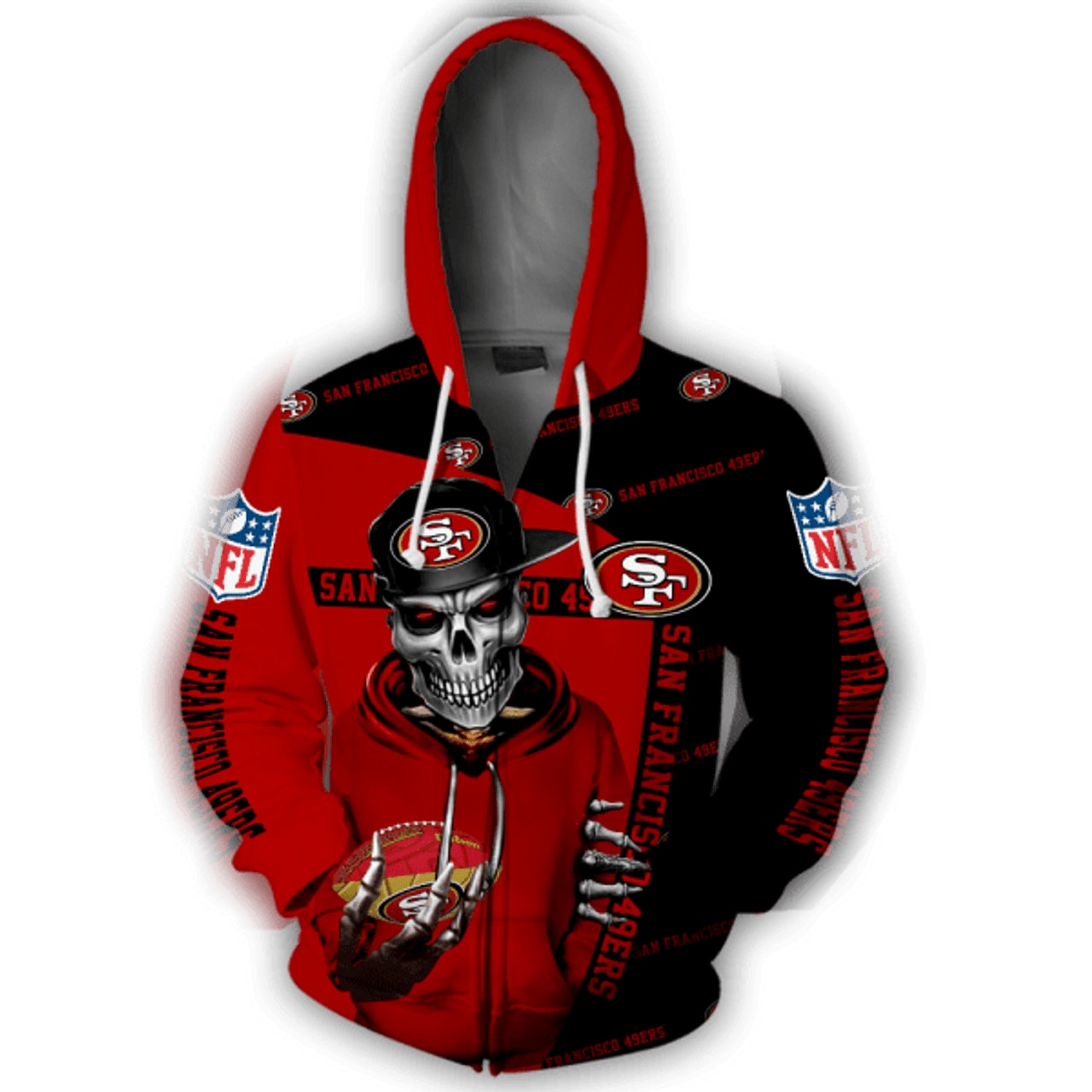 Official N.F.L.San Francisco 49ers Zippered Hoodies Neon Red 49ers Skeleton Fan