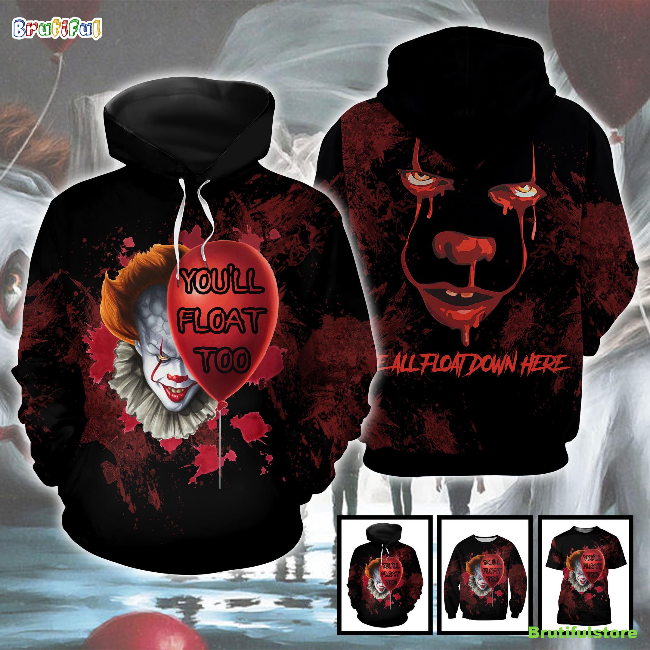 Pennywise IT We All Float Down Here Splatter Blood Pattern Horror Movie Halloween All Over Print 3D Shirt