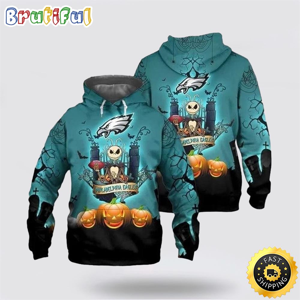 Philadelphia Eagles Jack Skellington Halloween 3D Hoodie All Over Printed
