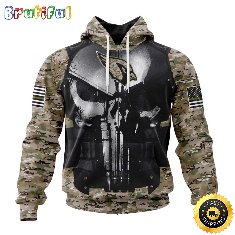 NFL Arizona Cardinals 3D Hoodie All Over Print Punisher Skull Camo Veteran Kits Custom Name And Number Hoodie