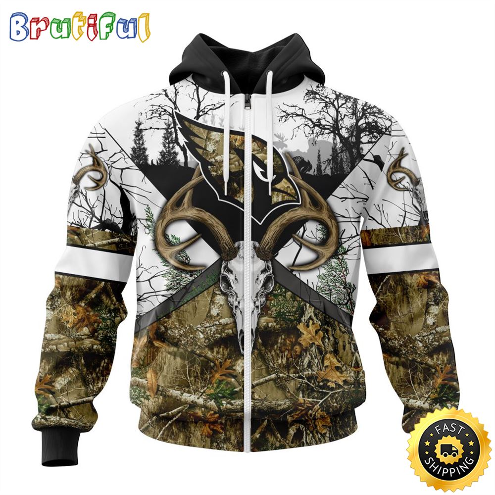 NFL Arizona Cardinals Zip Hoodie 3D All Over Print Deer Skull And Forest Pattern Custom Name And Number Hoodie