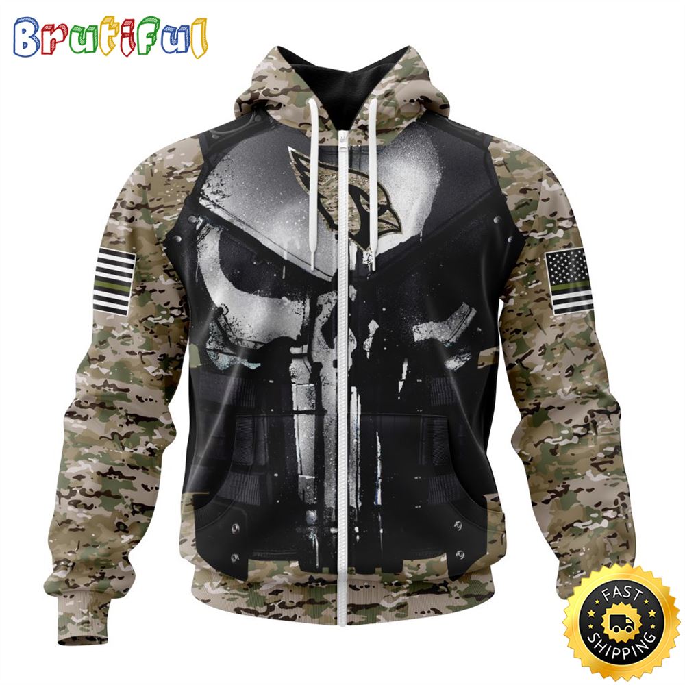 NFL Arizona Cardinals Zip Hoodie 3D All Over Print Punisher Skull Camo Veteran Kits Custom Name And Number Hoodie