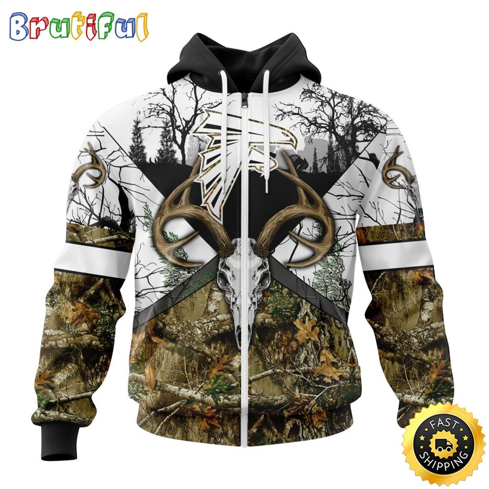 NFL Atlanta Falcons Zip Hoodie 3D All Over Print Deer Skull And Forest Pattern Custom Name And Number Hoodie