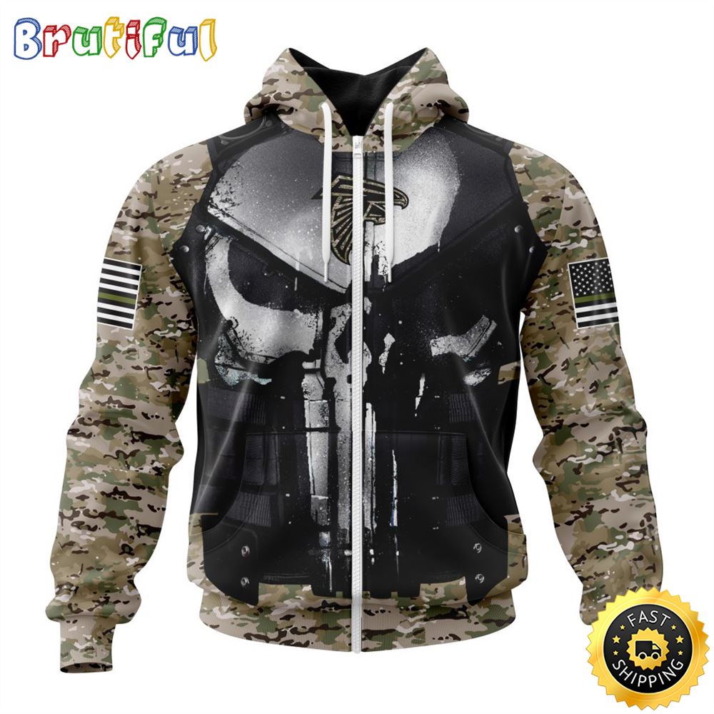 NFL Atlanta Falcons Zip Hoodie 3D All Over Print Punisher Skull Camo Veteran Kits Custom Name And Number Hoodie