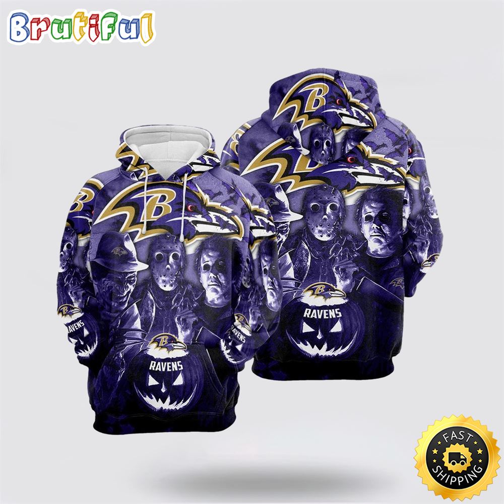 NFL Baltimore Ravens All Over Print 3D Hoodie Halloween Horror Night Gift For Football Fans