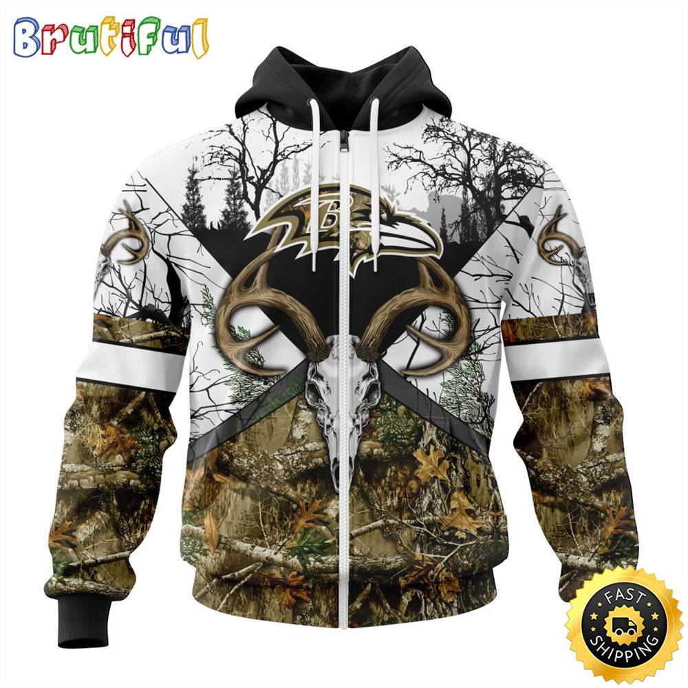 NFL Baltimore Ravens Zip Hoodie 3D All Over Print Deer Skull And Forest Pattern Custom Name And Number Hoodie