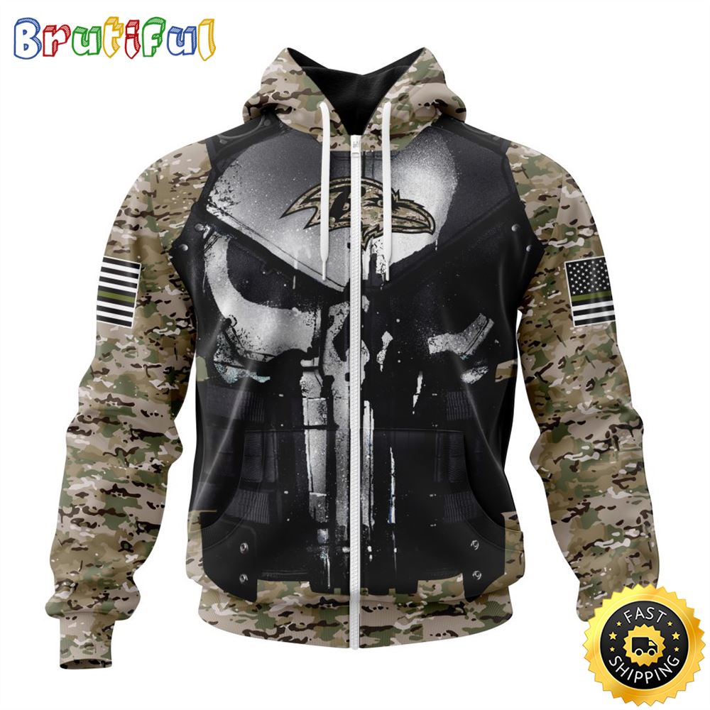 NFL Baltimore Ravens Zip Hoodie 3D All Over Print Punisher Skull Camo Veteran Kits Custom Name And Number Hoodie