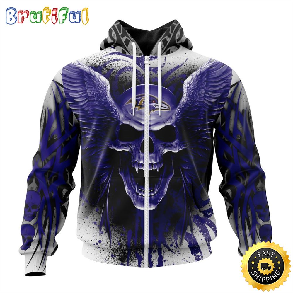 NFL Baltimore Ravens Zip Hoodie 3D All Over Print Special Kits With Skull Unite In Team Colors