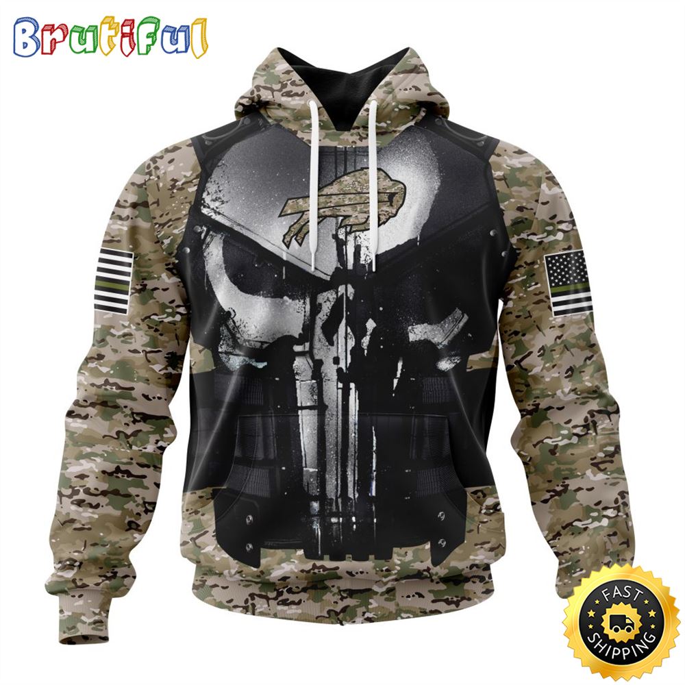 NFL Buffalo Bills 3D Hoodie All Over Print Punisher Skull Camo Veteran Kits Custom Name And Number Hoodie