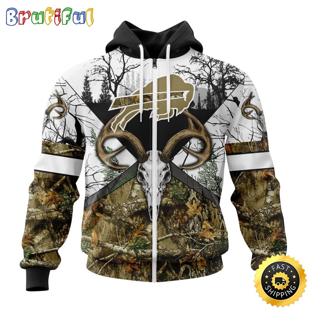 NFL Buffalo Bills Zip Hoodie 3D All Over Print Deer Skull And Forest Pattern Custom Name And Number Hoodie