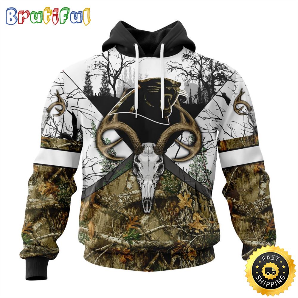 NFL Carolina Panthers 3D Hoodie All Over Print Deer Skull And Forest Pattern Custom Name And Number Hoodie