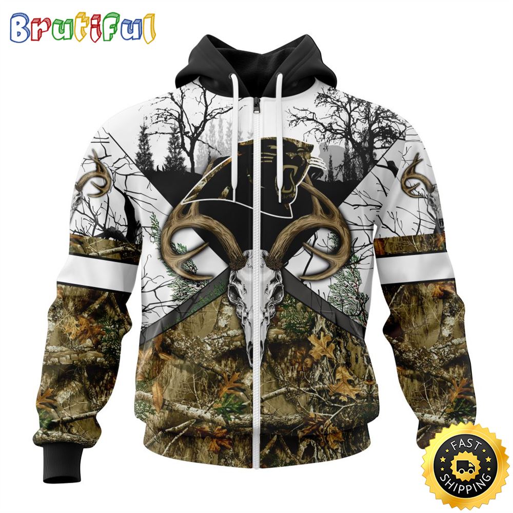 NFL Carolina Panthers Zip Hoodie 3D All Over Print Deer Skull And Forest Pattern Custom Name And Number Hoodie