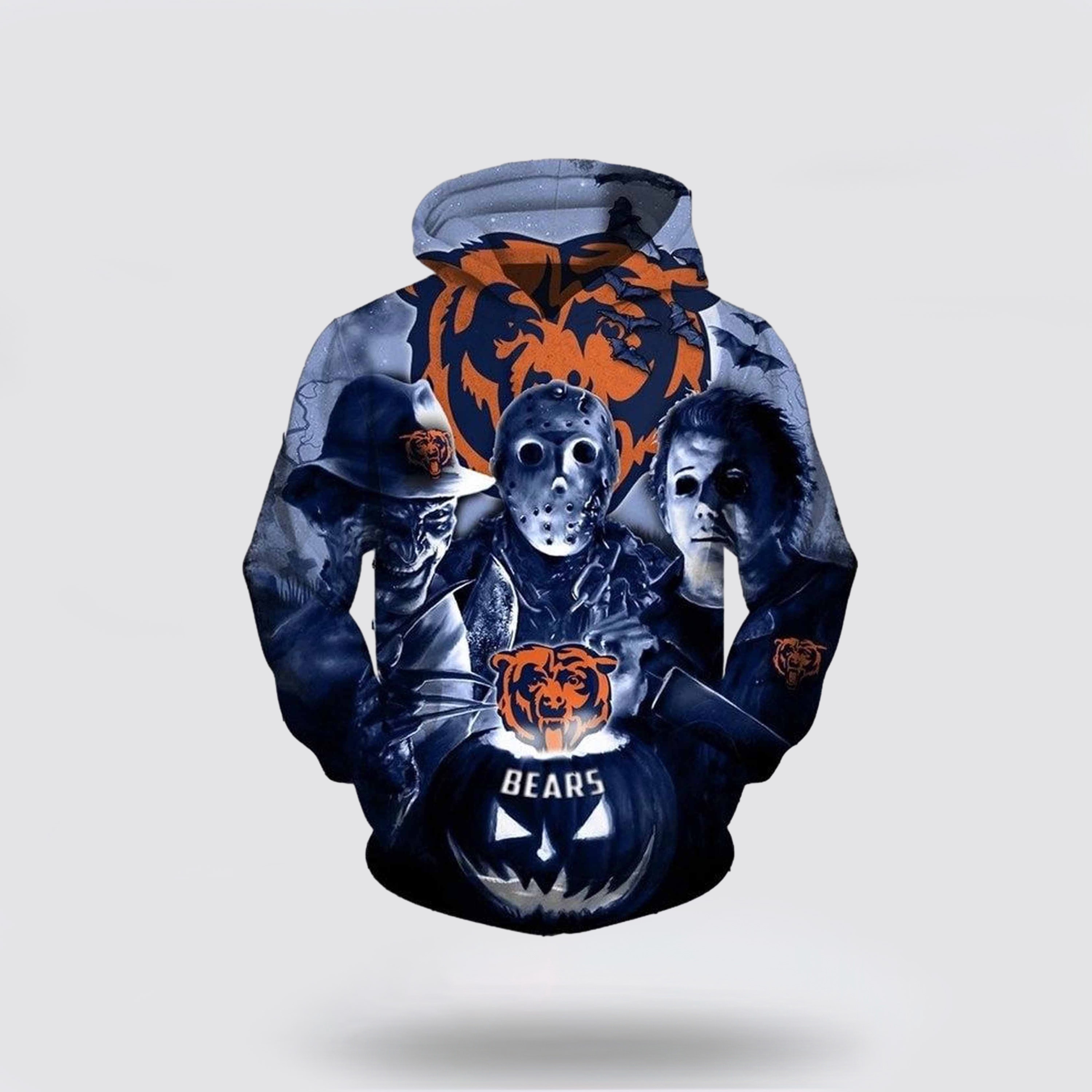 NFL Chicago Bears All Over Print 3D Hoodie Horror Freddy Krueger Jason Voorhees Michael Myers Halloween Gift For Football Fans