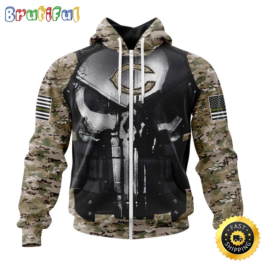 NFL Chicago Bears Zip Hoodie 3D All Over Print Punisher Skull Camo Veteran Kits Custom Name And Number Hoodie