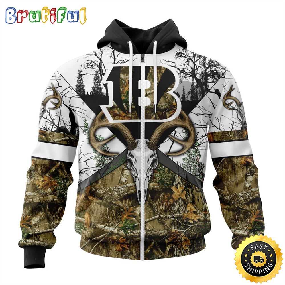 NFL Cincinnati Bengals Zip Hoodie 3D All Over Print Deer Skull And Forest Pattern Custom Name And Number Hoodie