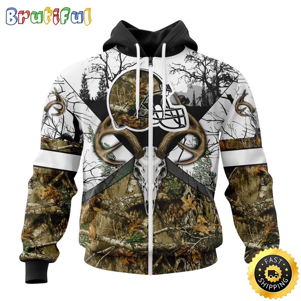 NFL Cleveland Browns Zip Hoodie 3D All Over Print Deer Skull And Forest Pattern Custom Name And Number Hoodie