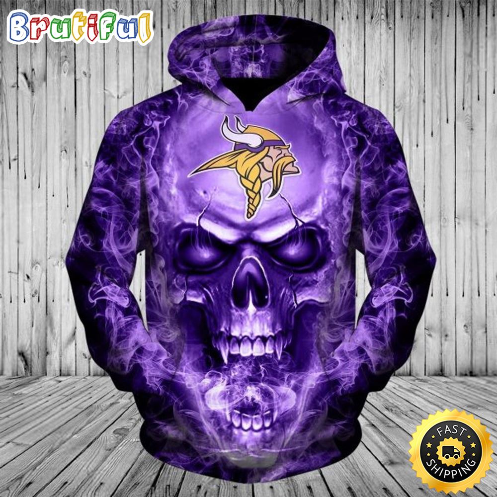 N.F.L.Minnesota Vikings Neon Purple Skull 3D Hoodie All Over Print Shirts