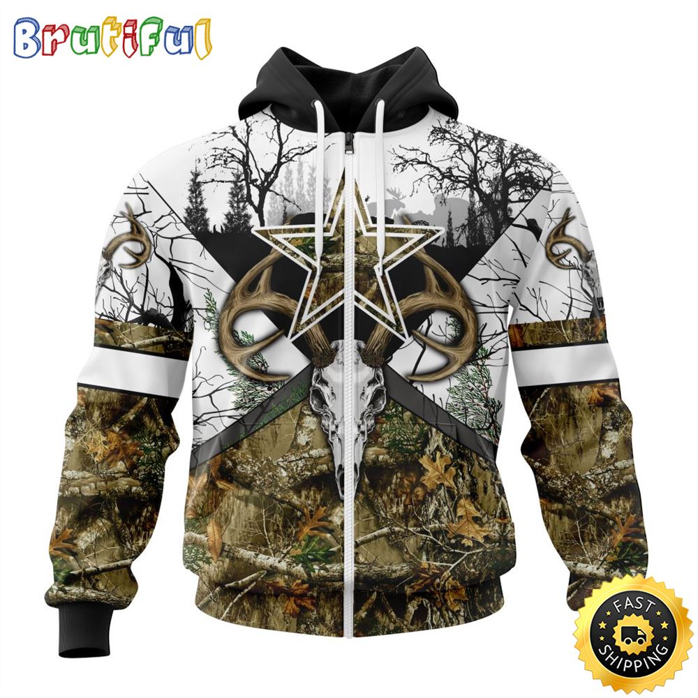 NFL Dallas Cowboys Zip Hoodie 3D All Over Print Deer Skull And Forest Pattern Custom Name And Number Hoodie