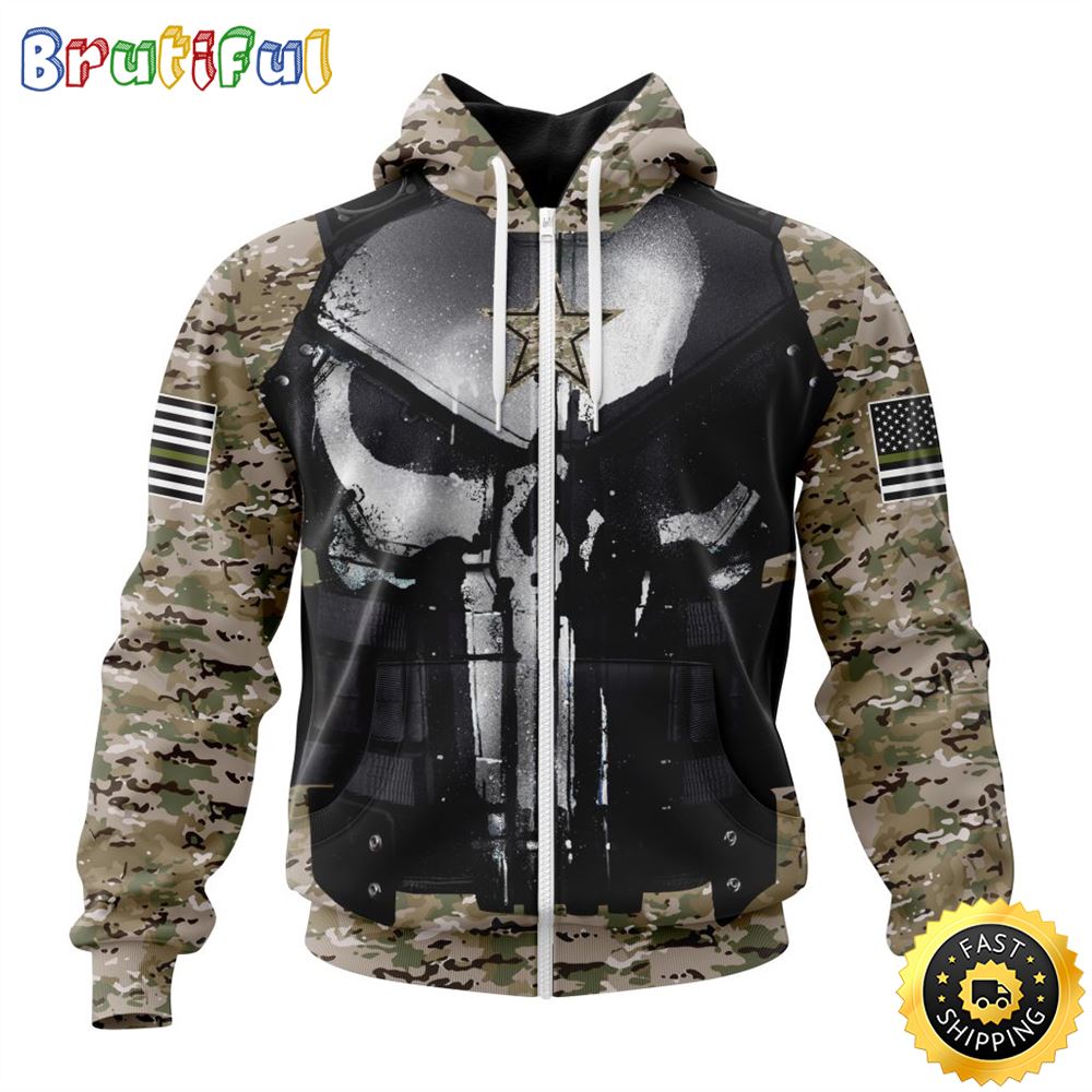 NFL Dallas Cowboys Zip Hoodie 3D All Over Print Punisher Skull Camo Veteran Kits Custom Name And Number Hoodie