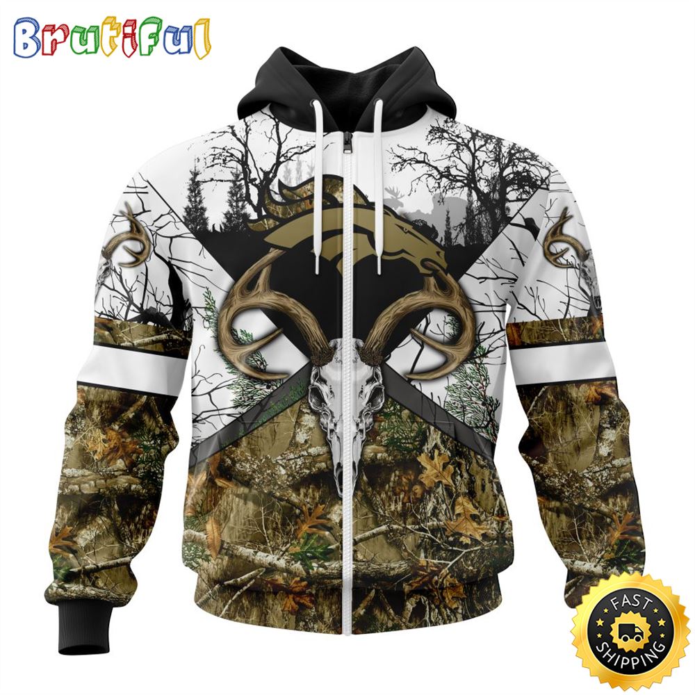 NFL Denver Broncos Zip Hoodie 3D All Over Print Deer Skull And Forest Pattern Custom Name And Number Hoodie