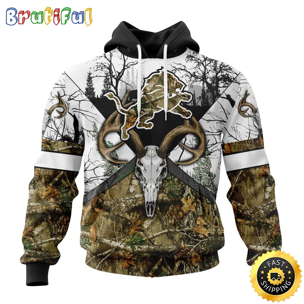 NFL Detroit Lions 3D Hoodie All Over Print Deer Skull And Forest Pattern Custom Name And Number Hoodie