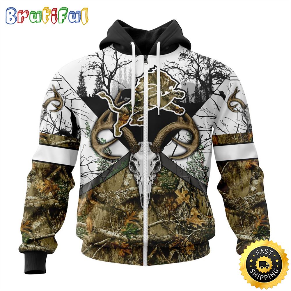 NFL Detroit Lions Zip Hoodie 3D All Over Print Deer Skull And Forest Pattern Custom Name And Number Hoodie