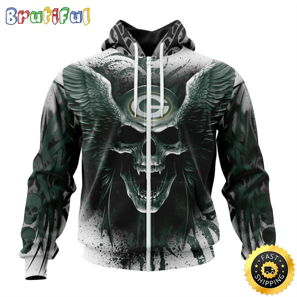 NFL Green Bay Packers Zip Hoodie 3D All Over Print Special Kits With Skull Unite In Team Colors