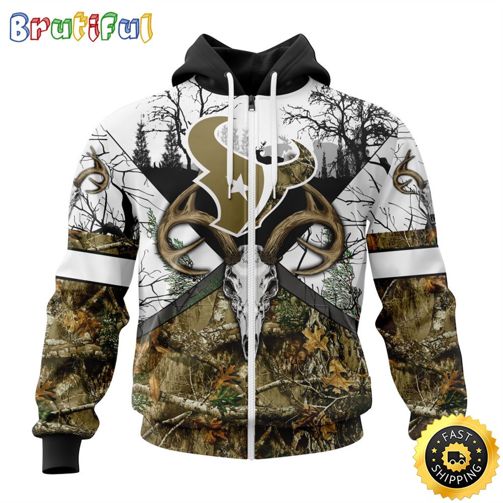 NFL Houston Texans Zip Hoodie 3D All Over Print Deer Skull And Forest Pattern Custom Name And Number Hoodie