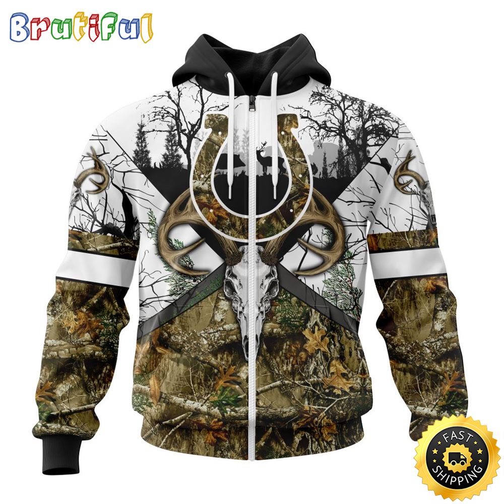 NFL Indianapolis Colts Zip Hoodie 3D All Over Print Deer Skull And Forest Pattern Custom Name And Number Hoodie