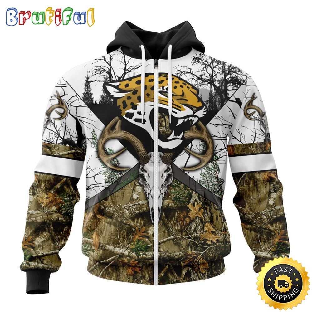 NFL Jacksonville Jaguars Zip Hoodie 3D All Over Print Deer Skull And Forest Pattern Custom Name And Number Hoodie