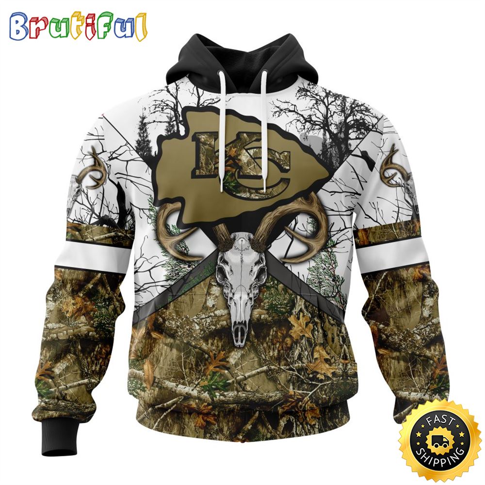 NFL Kansas City Chiefs 3D Hoodie All Over Print Deer Skull And Forest Pattern Custom Name And Number Hoodie