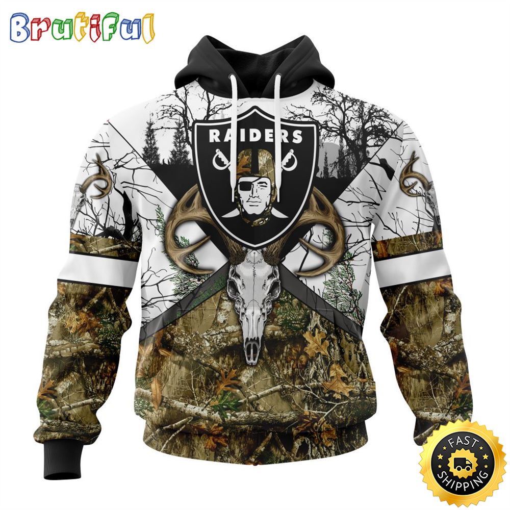 NFL Las Vegas Raiders 3D Hoodie All Over Print Deer Skull And Forest Pattern Custom Name And Number Hoodie