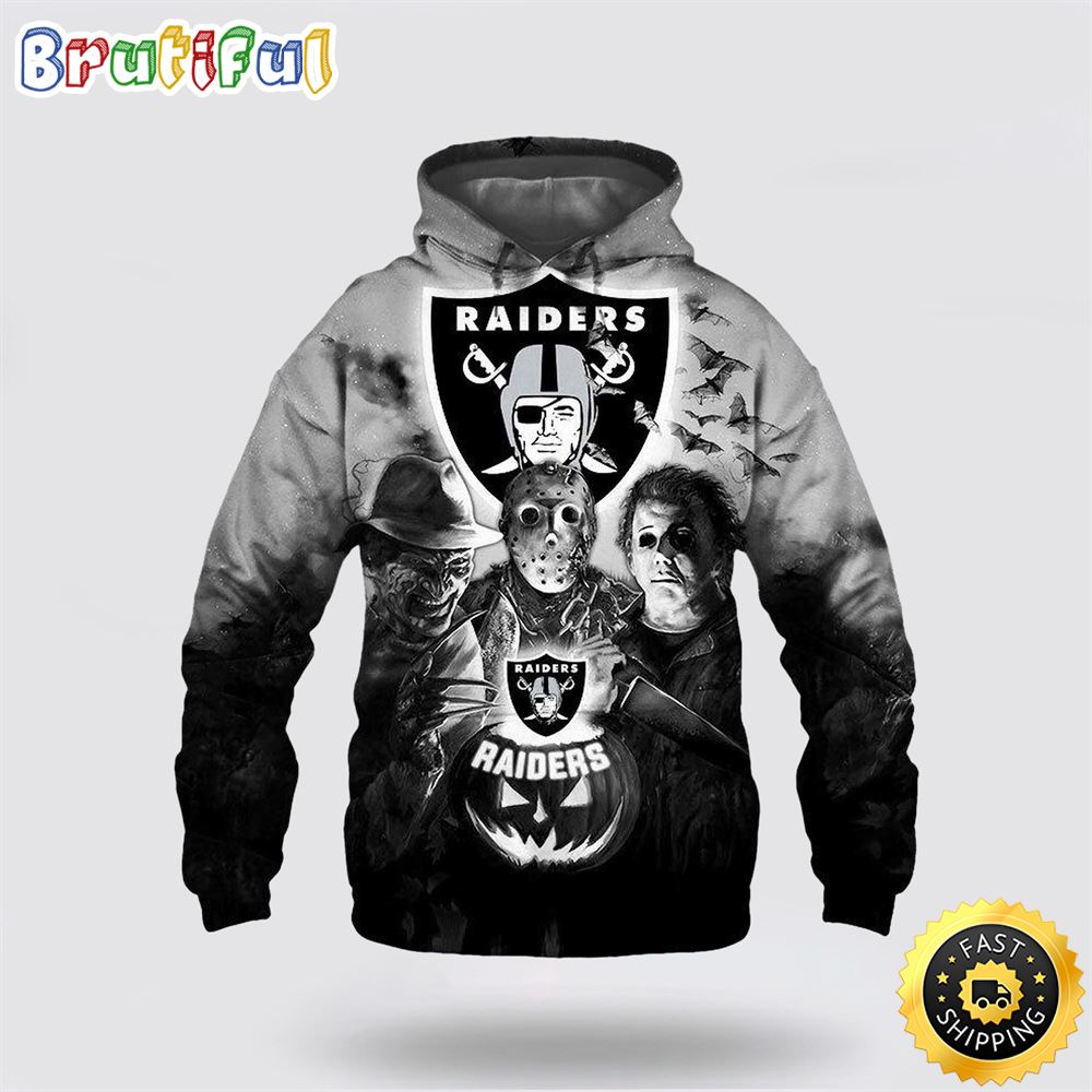 NFL Las Vegas Raiders All Over Print 3D Hoodie Halloween Horror Night Gift For Football Fans