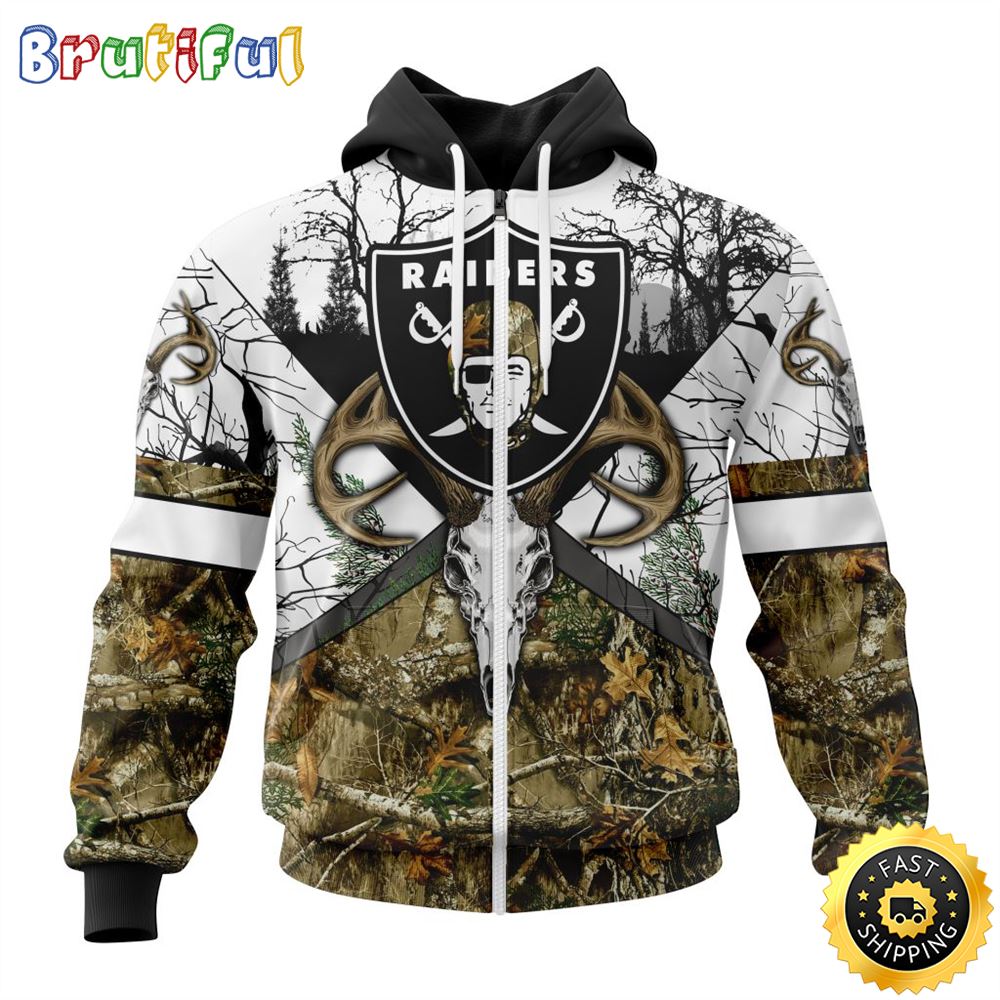 NFL Las Vegas Raiders Zip Hoodie 3D All Over Print Deer Skull And Forest Pattern Custom Name And Number Hoodie