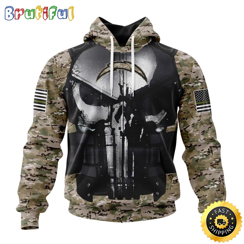 NFL Los Angeles Chargers 3D Hoodie All Over Print Punisher Skull Camo Veteran Kits Custom Name And Number Hoodie