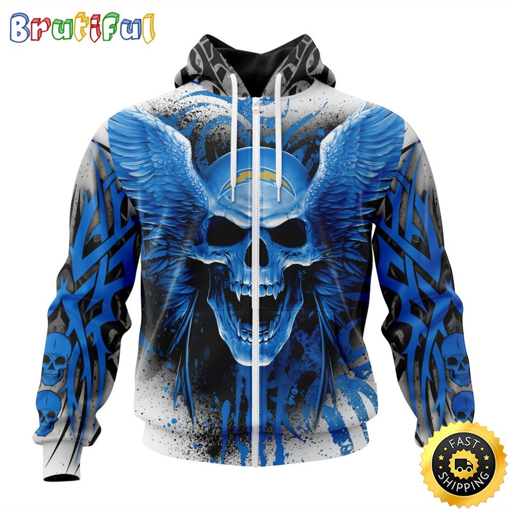 NFL Los Angeles Chargers Zip Hoodie 3D All Over Print Special Kits With Skull Unite In Team Colors