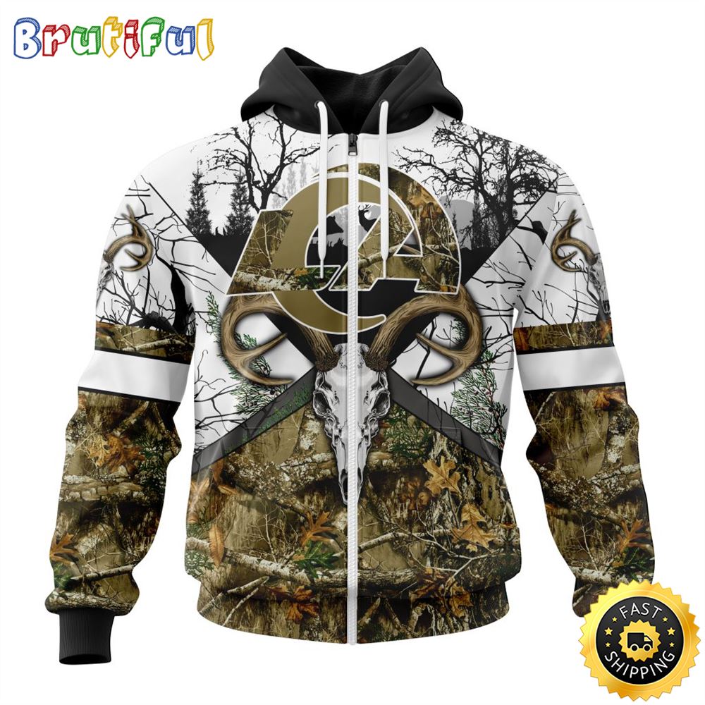 NFL Los Angeles Rams Zip Hoodie 3D All Over Print Deer Skull And Forest Pattern Custom Name And Number Hoodie