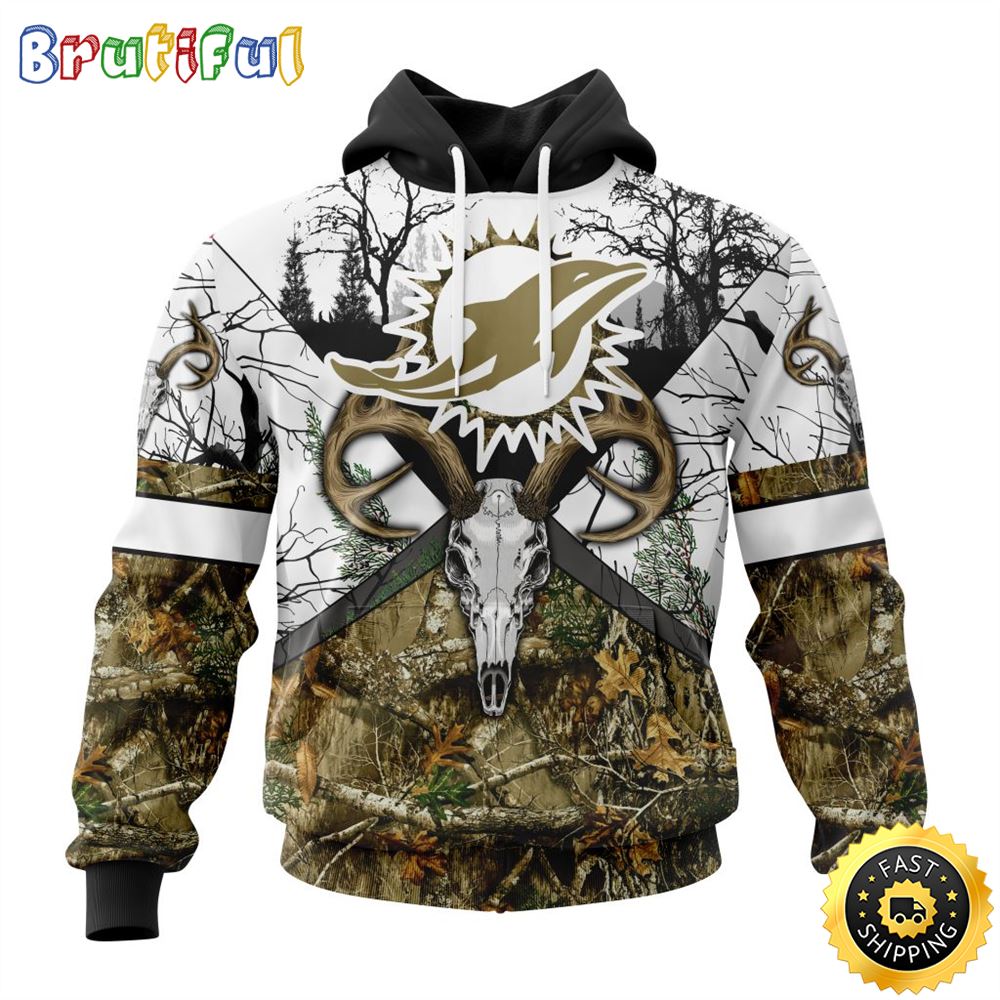 NFL Miami Dolphins 3D Hoodie All Over Print Deer Skull And Forest Pattern Custom Name And Number Hoodie