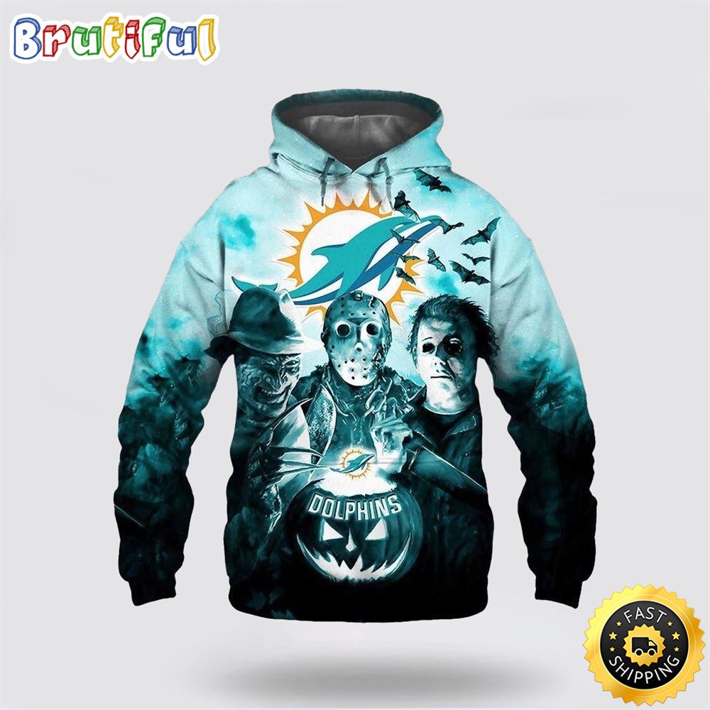 NFL Miami Dolphins All Over Print 3D Hoodie Halloween Horror Night Gift For Football Fans