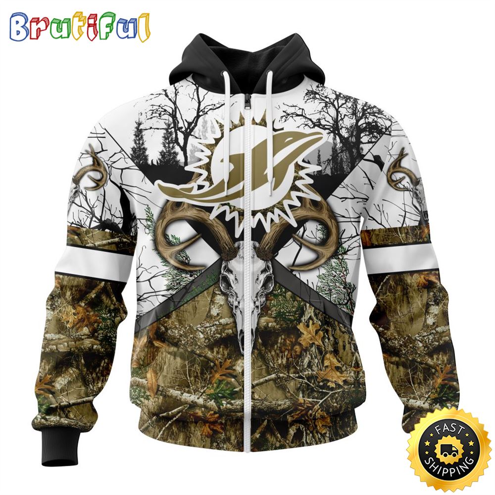 NFL Miami Dolphins Zip Hoodie 3D All Over Print Deer Skull And Forest Pattern Custom Name And Number Hoodie