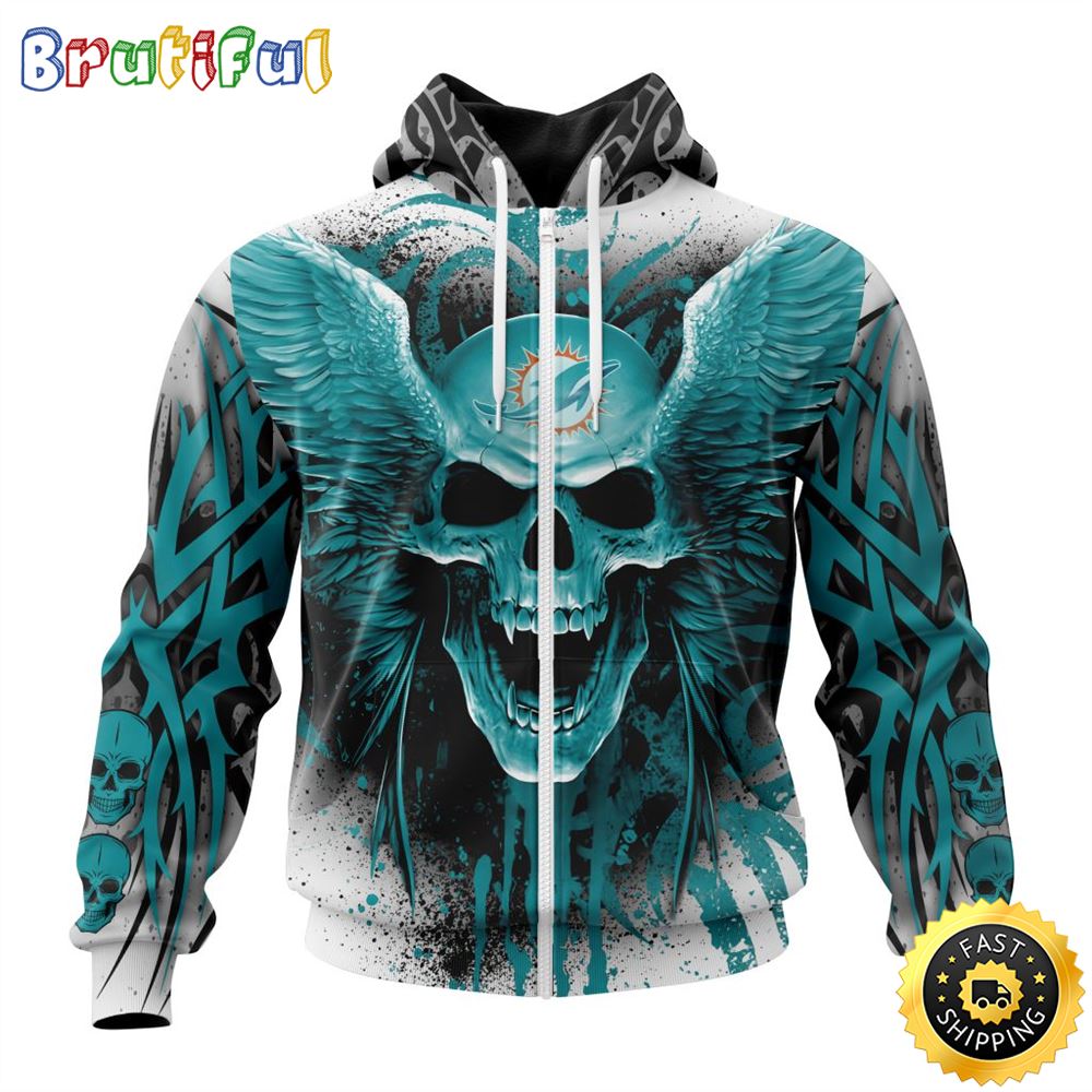 NFL Miami Dolphins Zip Hoodie 3D All Over Print Special Kits With Skull Unite In Team Colors