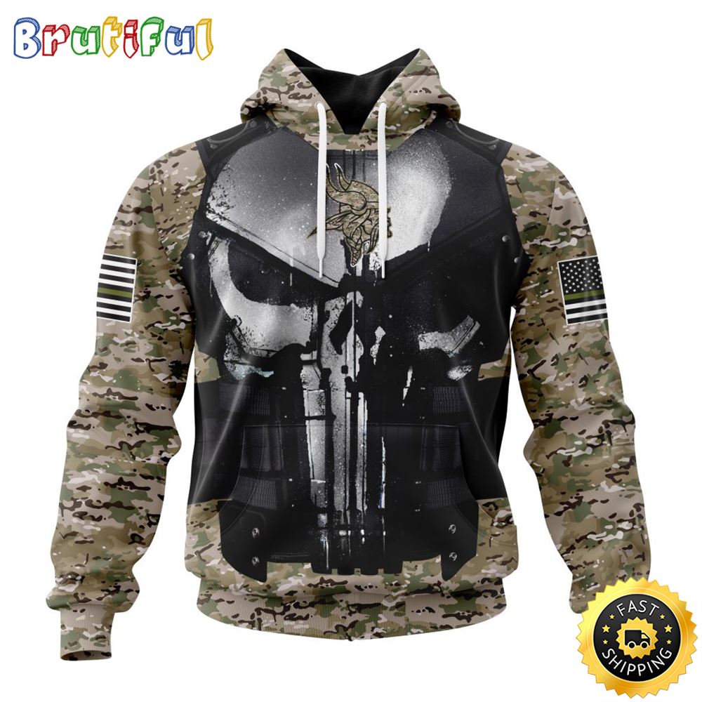 NFL Minnesota Vikings 3D Hoodie All Over Print Punisher Skull Camo Veteran Kits Custom Name And Number Hoodie