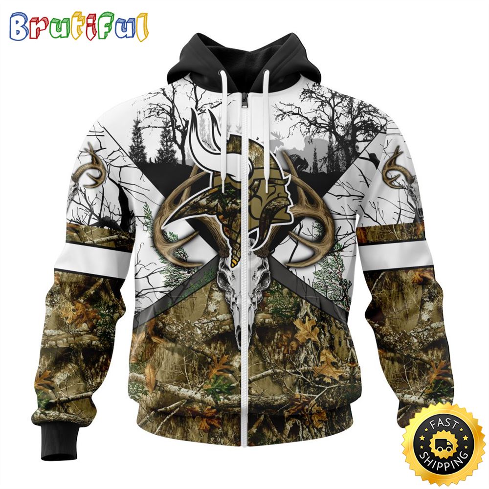 NFL Minnesota Vikings Zip Hoodie 3D All Over Print Deer Skull And Forest Pattern Custom Name And Number Hoodie