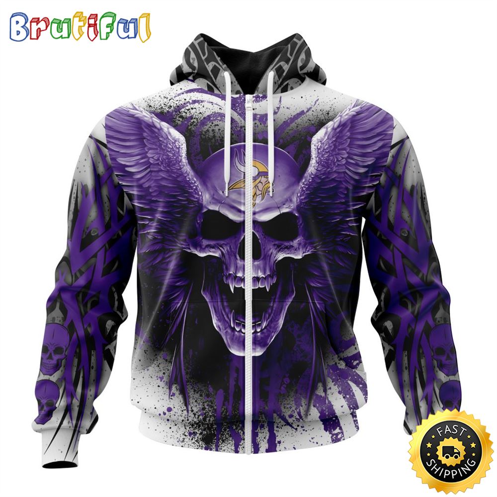 NFL Minnesota Vikings Zip Hoodie 3D All Over Print Special Kits With Skull Unite In Team Colors