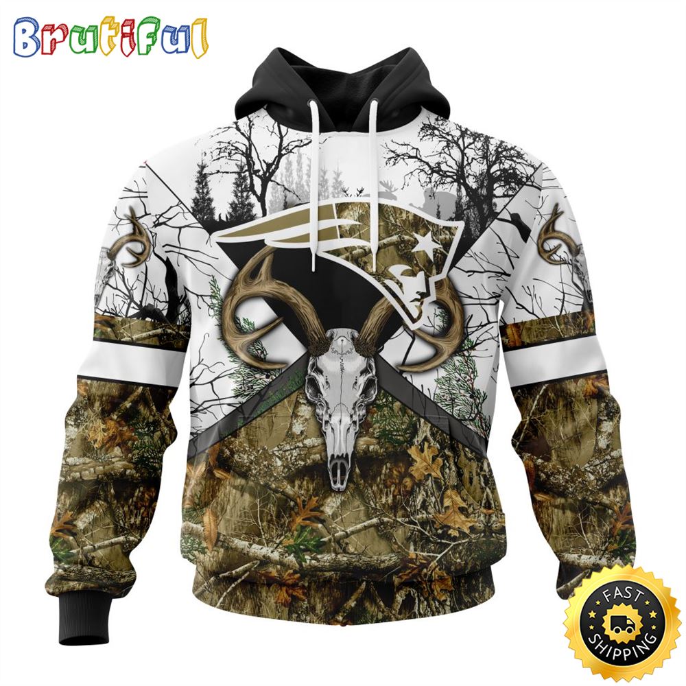 NFL New England Patriots 3D Hoodie All Over Print Deer Skull And Forest Pattern Custom Name And Number Hoodie