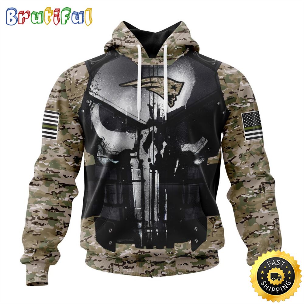 NFL New England Patriots 3D Hoodie All Over Print Punisher Skull Camo Veteran Kits Custom Name And Number Hoodie