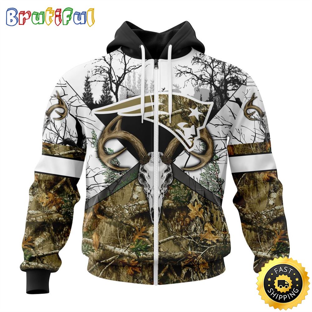 NFL New England Patriots Zip Hoodie 3D All Over Print Deer Skull And Forest Pattern Custom Name And Number Hoodie