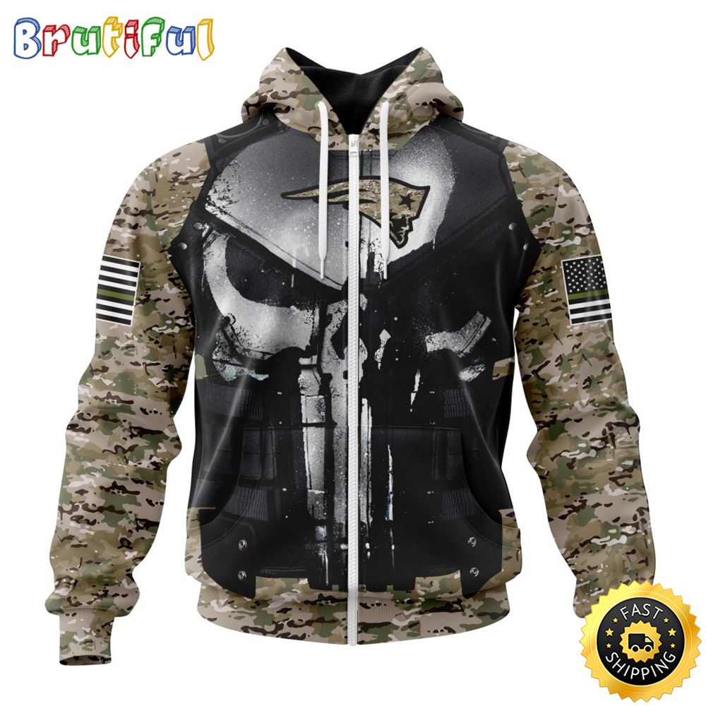 NFL New England Patriots Zip Hoodie 3D All Over Print Punisher Skull Camo Veteran Kits Custom Name And Number Hoodie